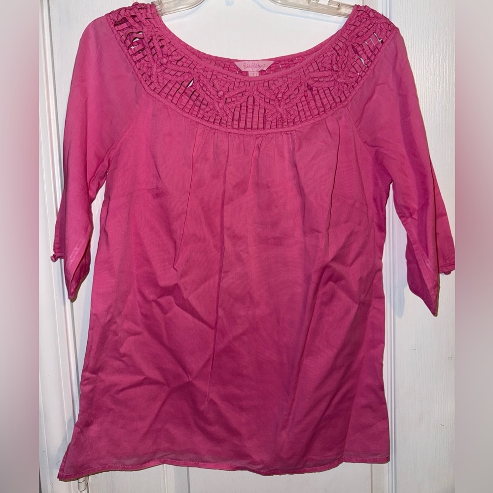 Lilly Pulitzer Pink 100% Cotton Crochet Neck 3/4 Sleeve Blouse Size S